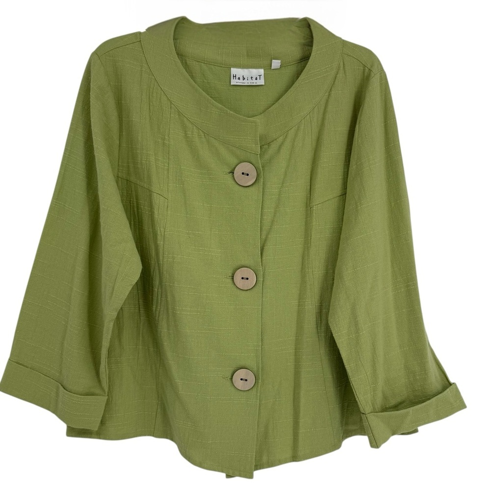 Habitat Women's Size L Textured Jacket Green Cuffed Cotton Blazer Round Neck